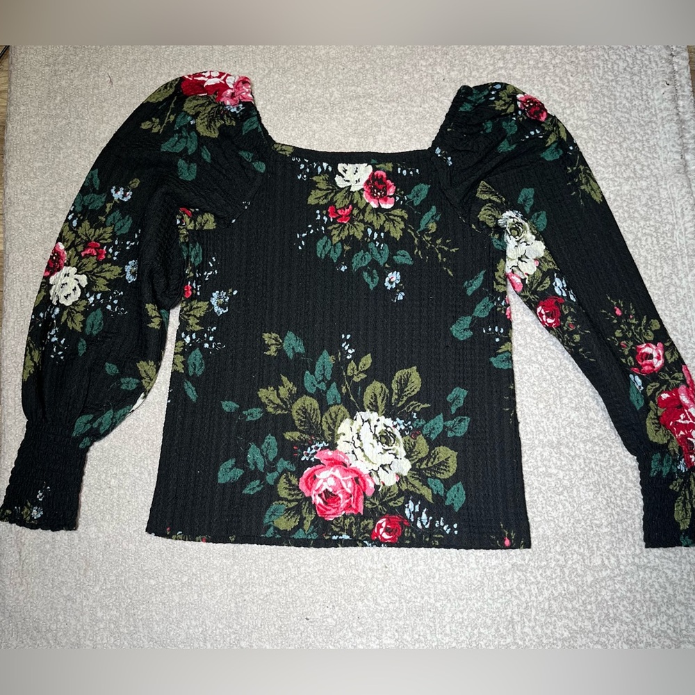 LOFT Black Floral XS Square Neck Blouse Knit Peasant Top Smocked Puff Sleeves - Picture 12 of 17